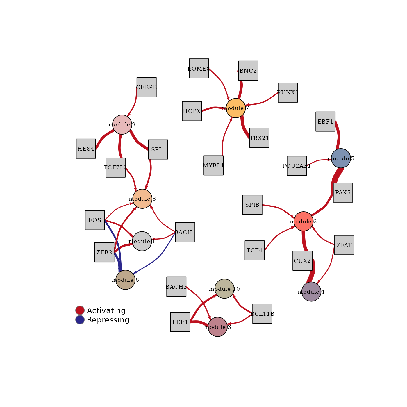 Network visualization of modules (colorful circles) and their top regulators (grey rectangles). Arrows indicate regulation and their thickness represents regulation strength. Red arrows indicate positive regulation and blue arrows indicate negative regulation.